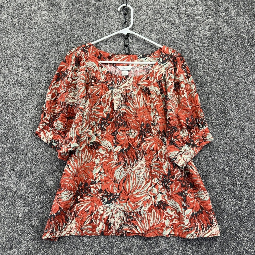 CJ Banks Blouse Womens 1X Orange Floral 3/4 Sleeve Scoop Neck Linen Tunic Casual